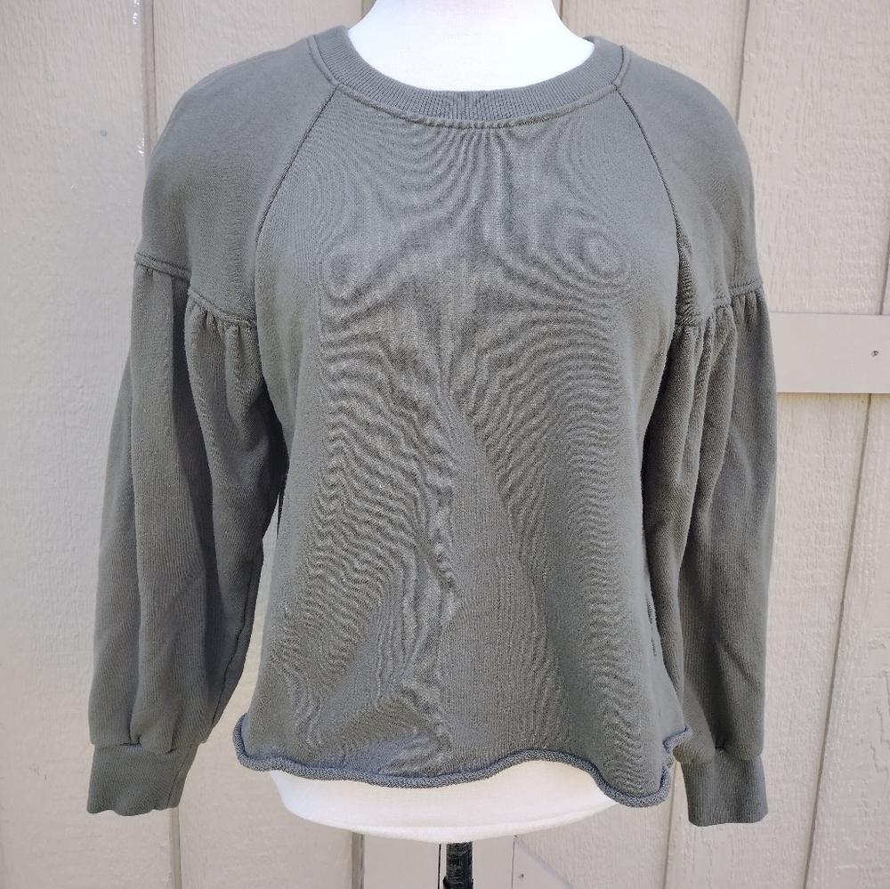 A.L.C Top Women Small Green Bishop Sleeve Crop Crew Neck Jersey Sweatshirt